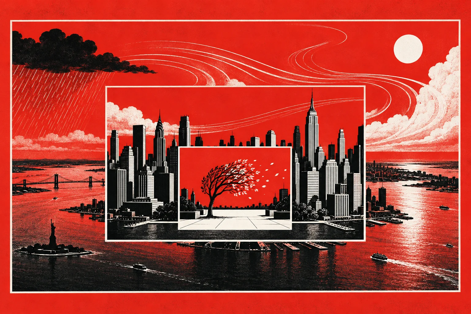 Red, black and white editorial illustration connecting a tree, city and weather through nested frames.